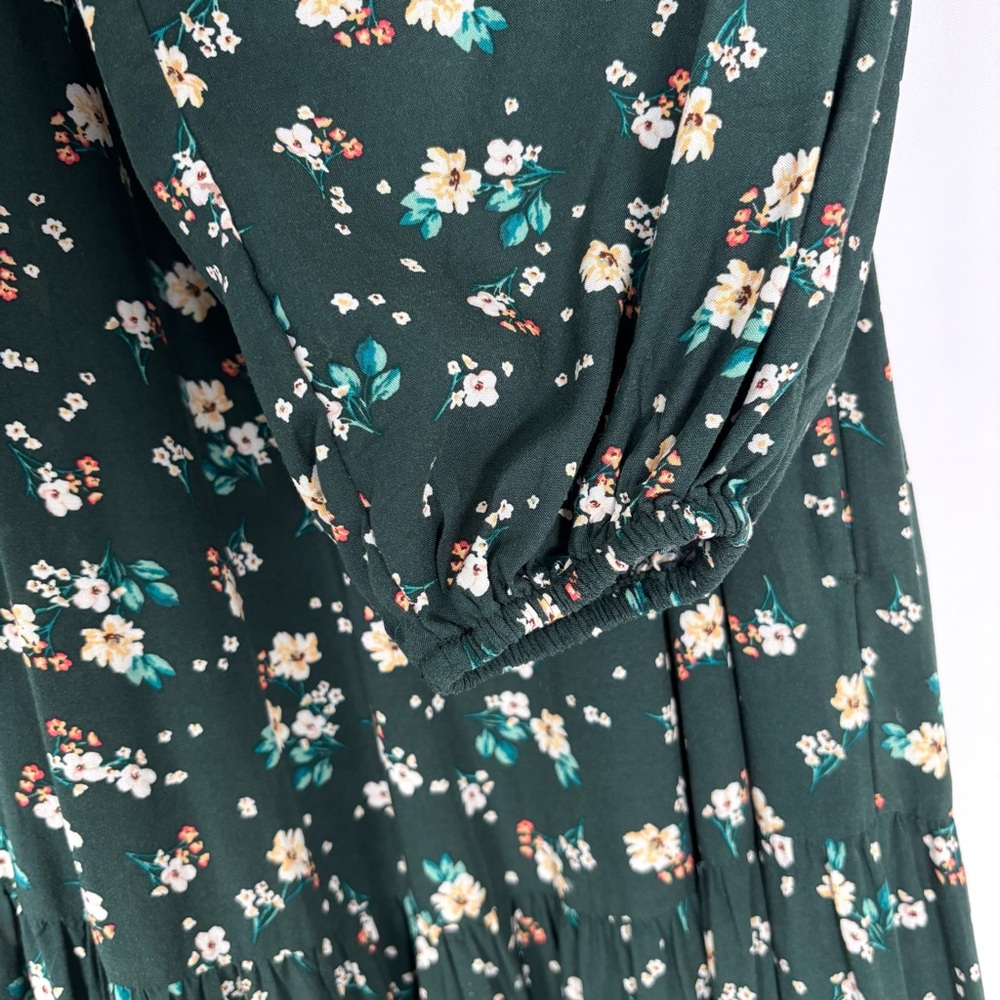 Old Navy Dark Green Floral Tiered Maxi Dress Size M Long Sleeve Boho Prairie - Picture 5 of 13